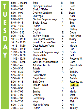 Tuesday Fitness Schedule 