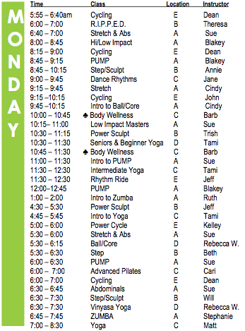 Monday Fitness Schedule 