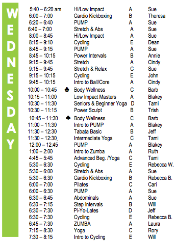 Wednesday Fitness Schedule 