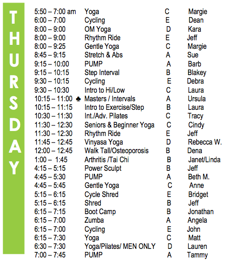 Thursday Fitness Schedule 