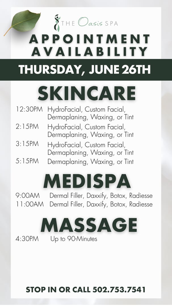 OASIS SPA APPT AVAILABILITY thurs